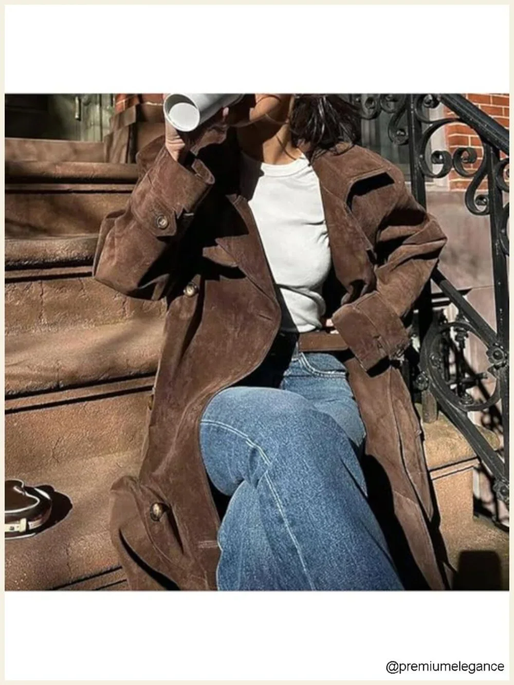 Women's Faux Suede Long Trench Coat Notched Lapel Double Breasted Pea Overcoat